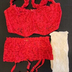 Vintage Collectable Lingerie Sexy Red Bra, Garter & White Stockings